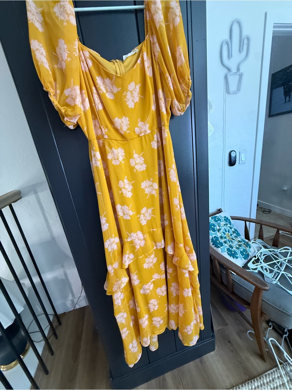 Women's Yellow Floral Tiered Midi Dress